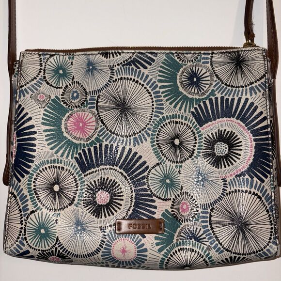 Fossil Faux Leather Blue Starburst Pattern Crossbody Bag Purse Medium Zip Top - Picture 4 of 16